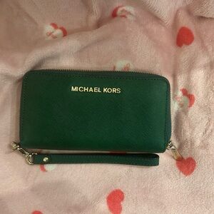 Michael Kors Emerald Green Saffiano Zip Wristlet Wallet with Gold Hardware